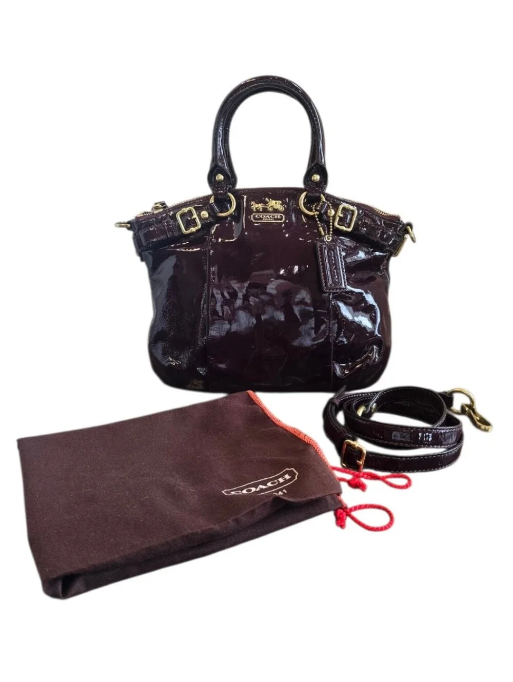 Coach Madison Shiny Patent Deep Burgundy Leather Lindsey Satchel Handbag